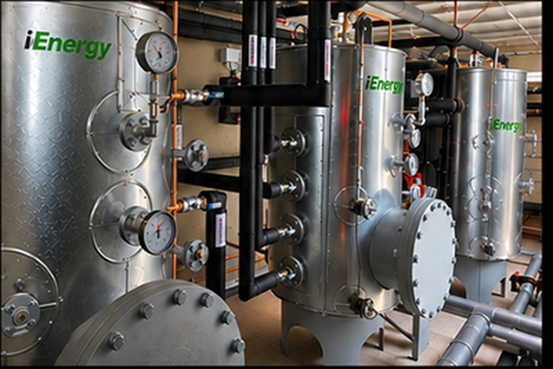 iEnergy commercial plant room with hot water storage tanks and manifolds