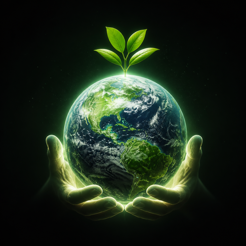 Eco-friendly Earth held in hands with a green plant
