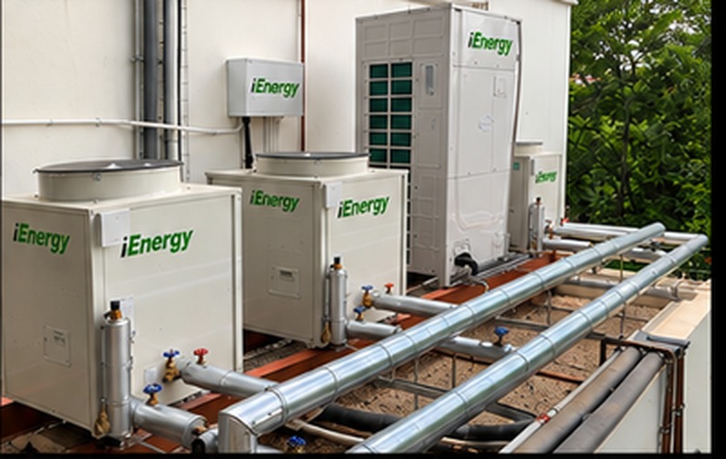 Bank of iEnergy air-to-water heat pumps with insulated pipework
