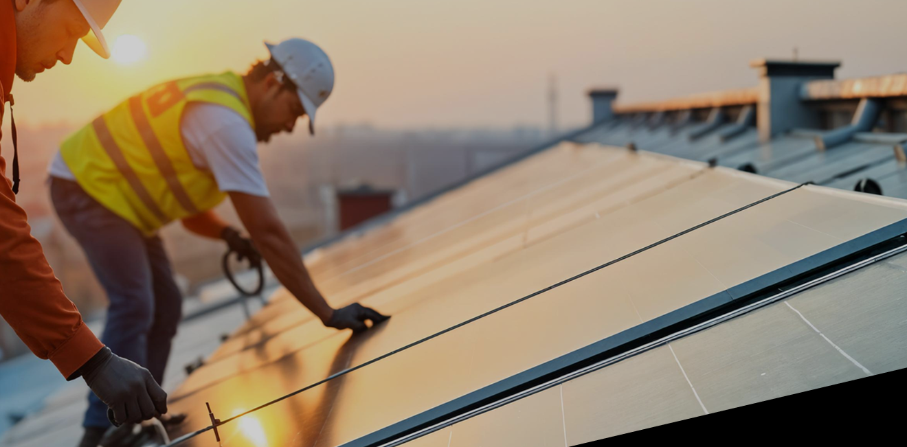 iEnergy SA technicians installing solar panels on a rooftop at sunset